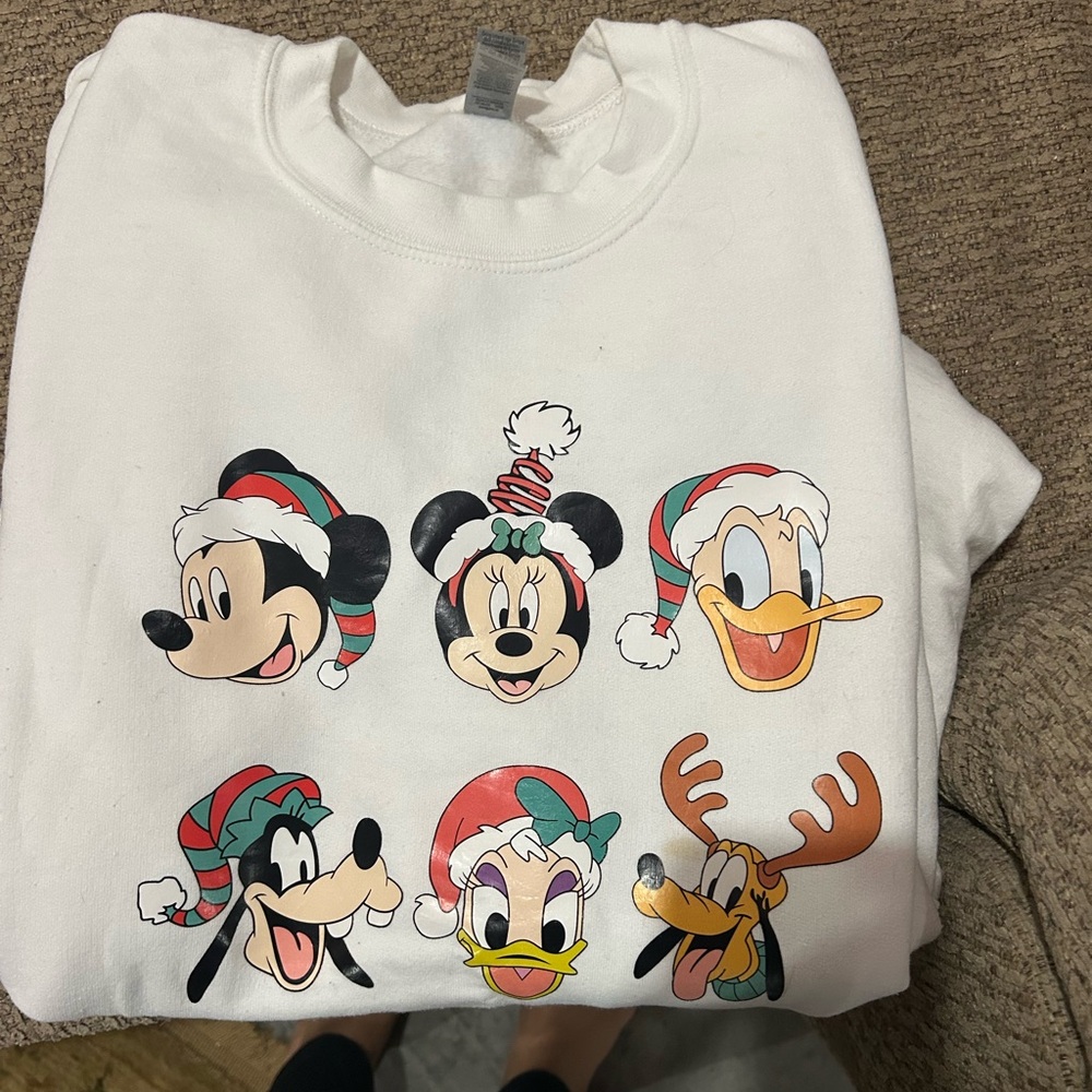 Gildan White Sweatshirt with Festive Cartoon Characters